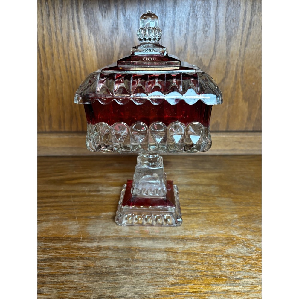 Vintage Smith Glass Ruby Red Clear Pedestal Candy Dish Lid Square Compote